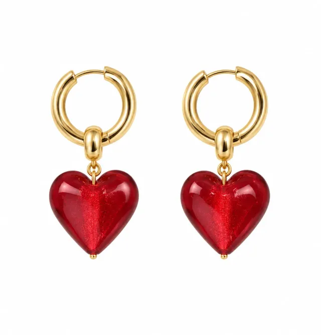 Wos Up I Heart You øredobber rød glass 4,5 cm