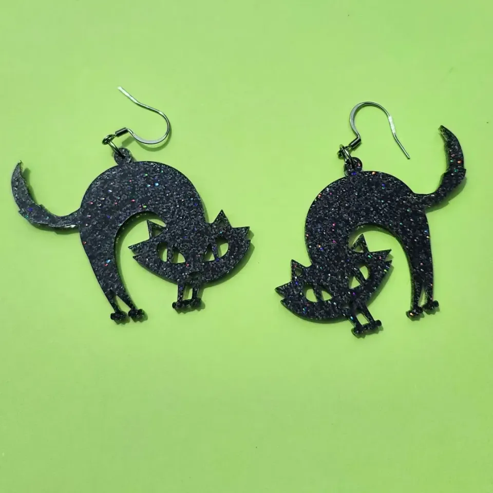 MiniKitty Spooky Cat Black Glitter øredobber svart