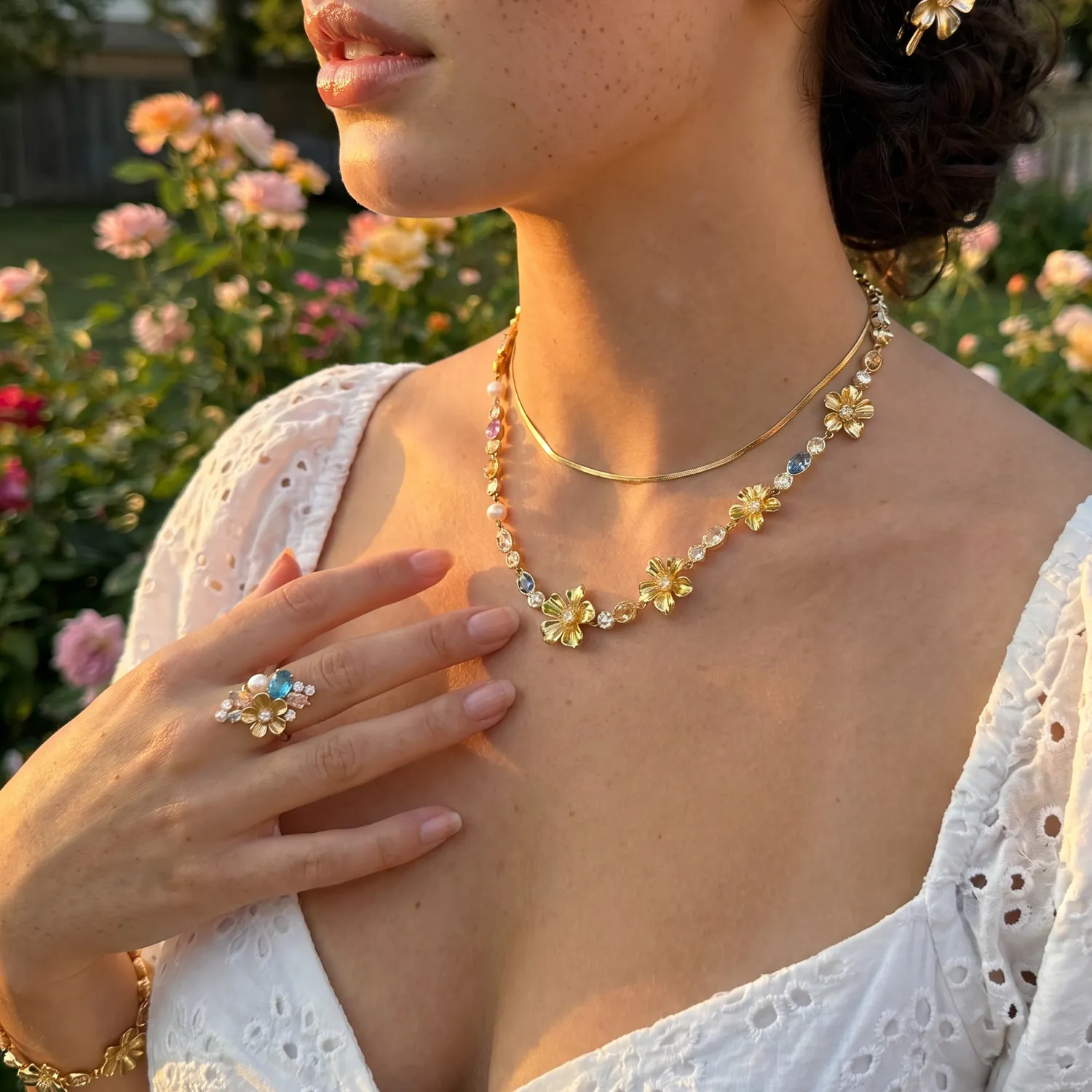 IOAKU La Fleur Sirène Garden ring blå gull str 7-8