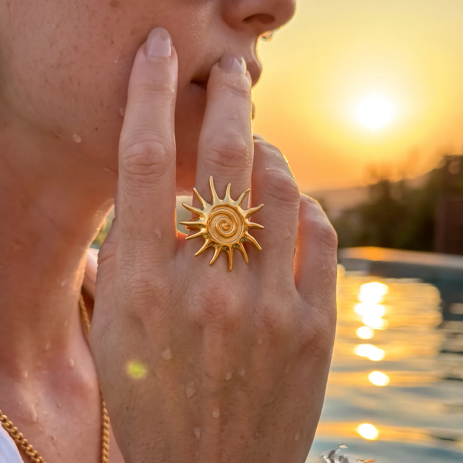 IOAKU Golden Sun ring gull stål vanntett