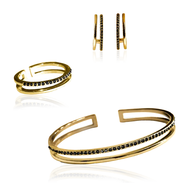 IOAKU Plain Crystal Twin smykkesett svart gull krystall