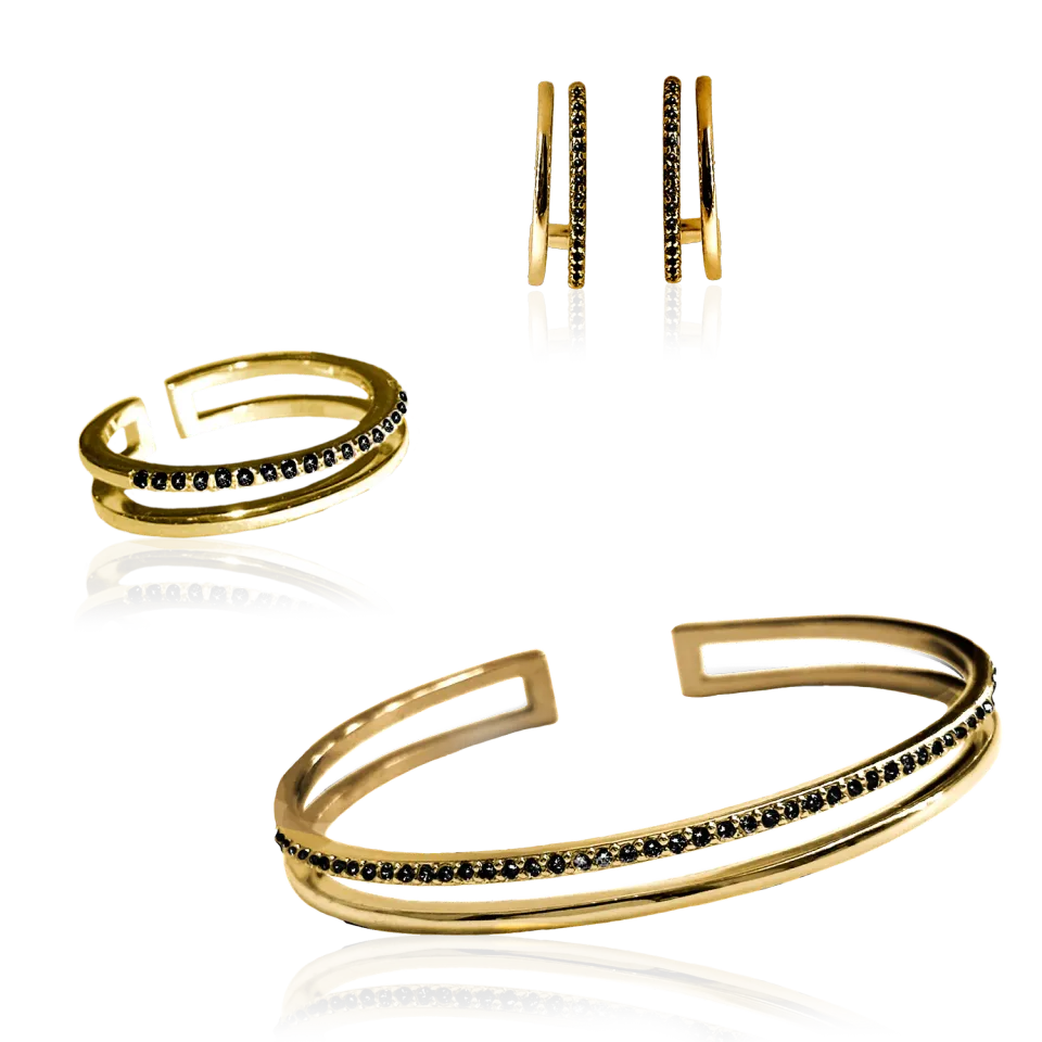IOAKU Plain Crystal Twin smykkesett svart gull krystall