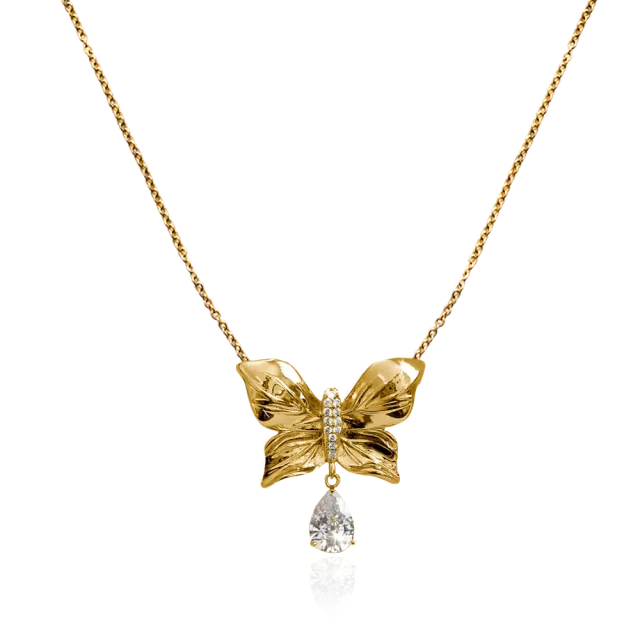 IOAKU Papillon Crystal halskjede gull sommerfugl