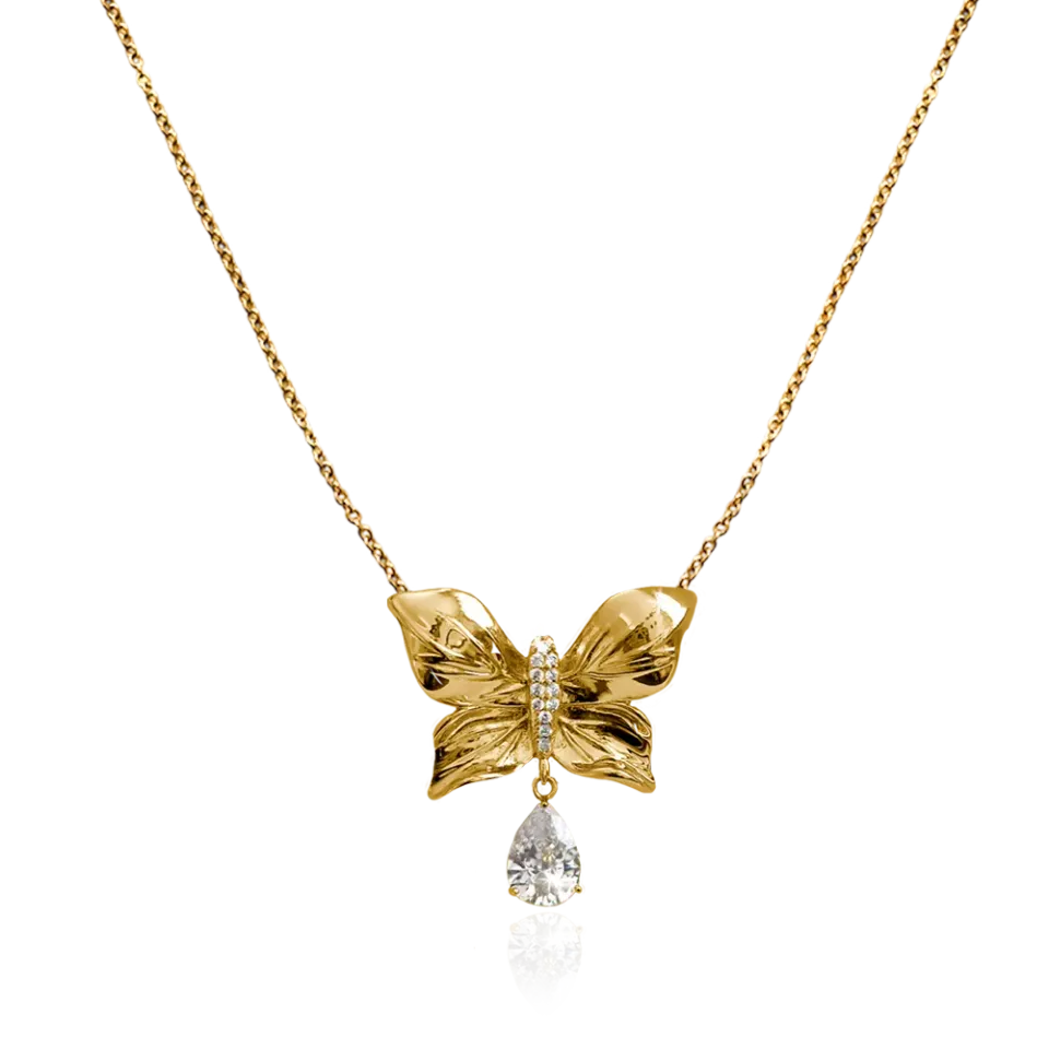 IOAKU Papillon Crystal halskjede gull sommerfugl