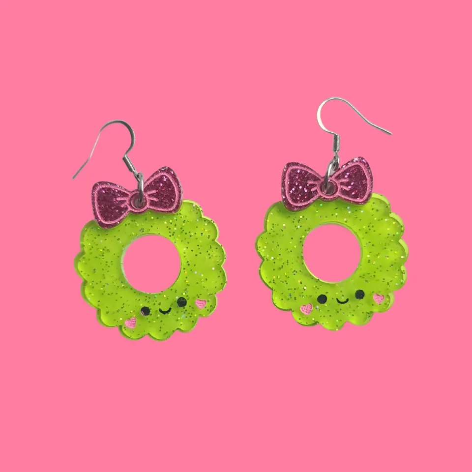 MiniKitty Cute Glitter Wreathes with Bow øredobber jul glitter