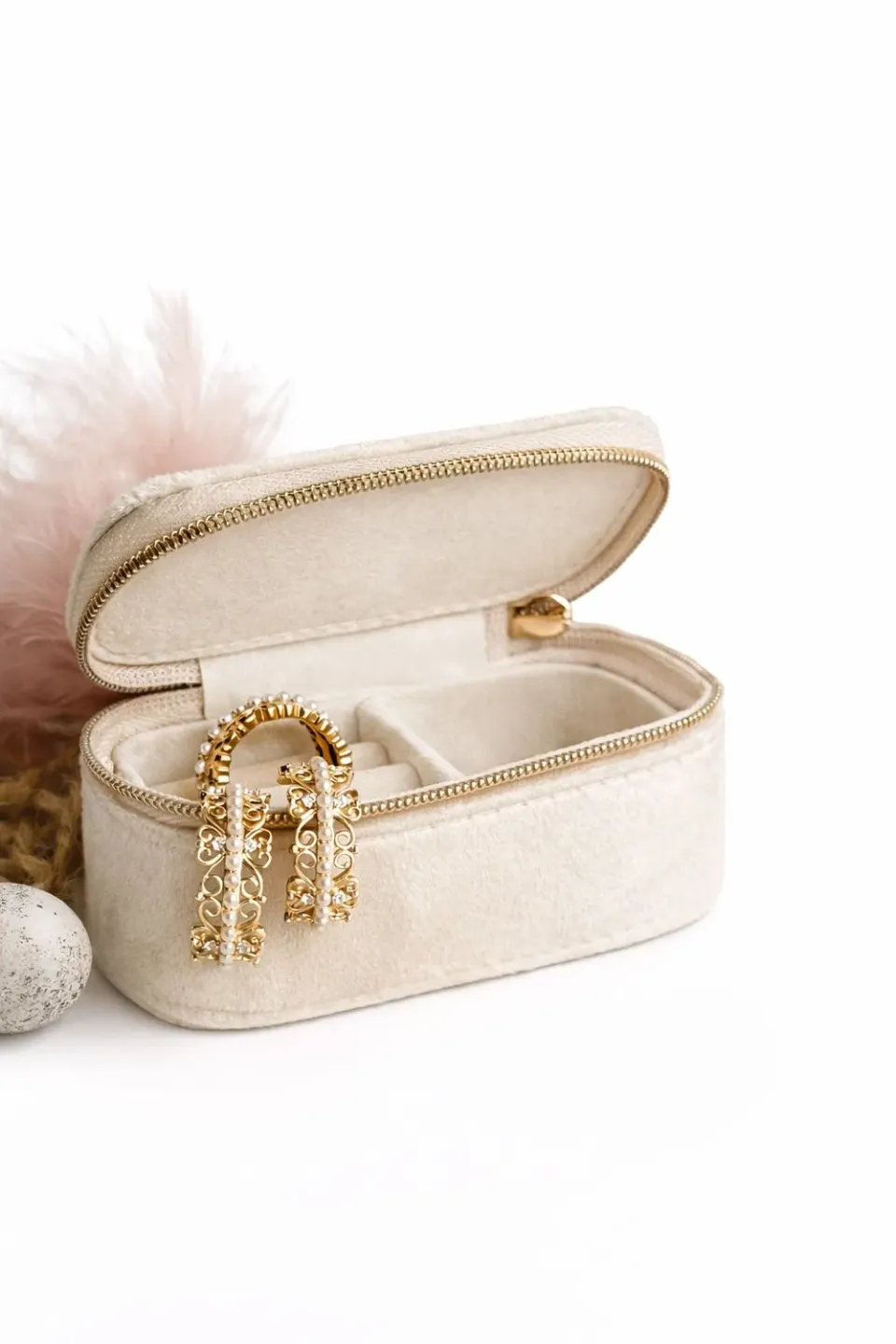 IOAKU Jewelry Box smykkeskrin beige fløyel reise