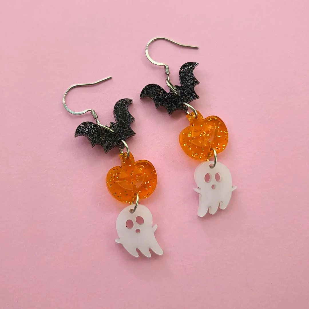 MiniKitty Trio Bat Pumpkin Ghost øredobber gull