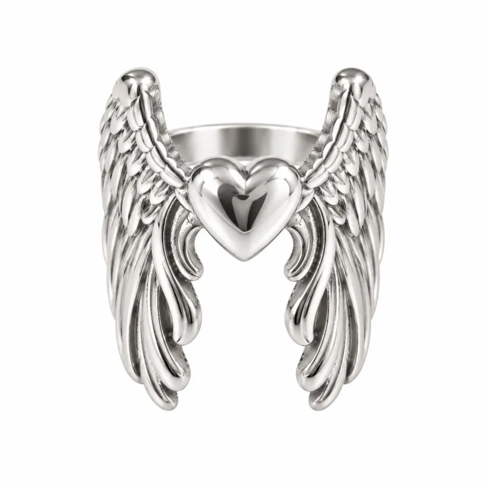 Wos Up Angel ring sølv hjerte vinger str 16-18