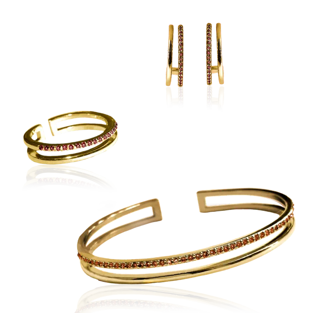 IOAKU Plain Crystal Twin smykkesett rød gull 3 deler