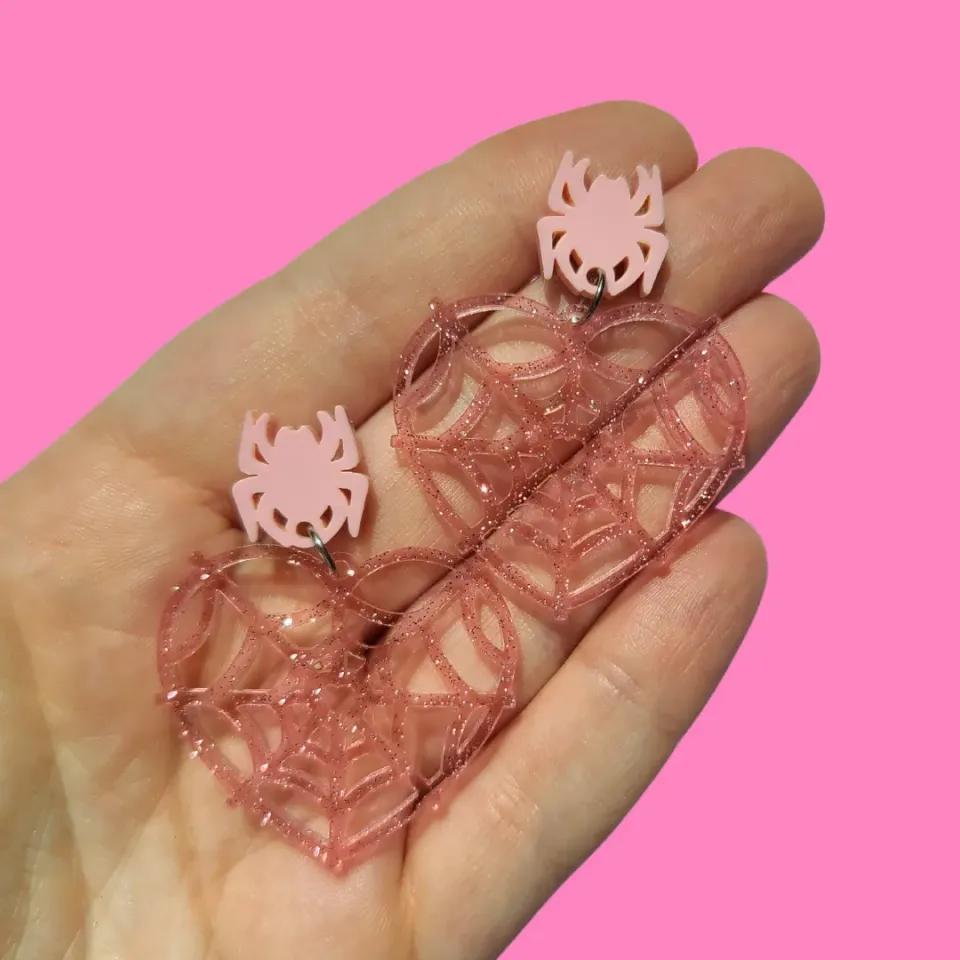 MiniKitty Spider Web Pink Jelly Glitter øredobber gull akryl