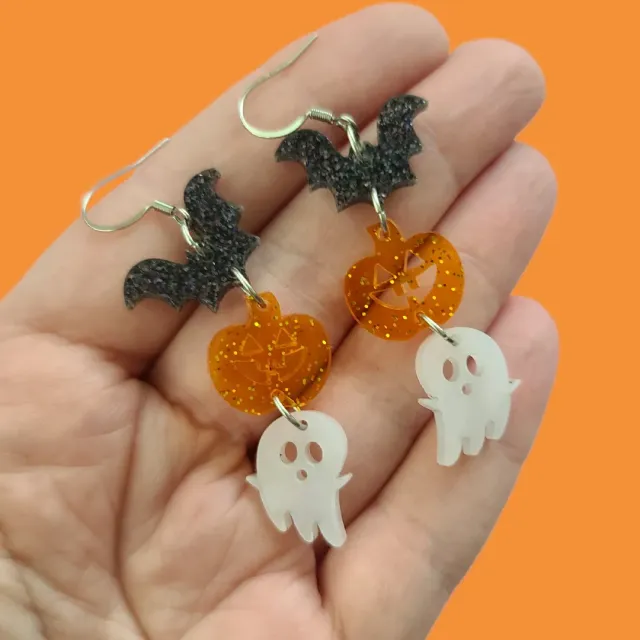 MiniKitty Trio Bat Pumpkin Ghost øredobber gull